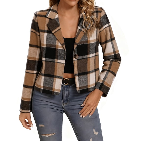 Women's Plaid Cropped Jacket Notched Lapel Button Down Blazer Trendy Long Sleeve Blazer Coat Casual Versatile Top,S,Khaki