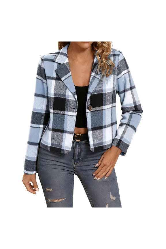 Women's Plaid Cropped Jacket Notched Lapel Button Down Blazer Trendy Long Sleeve Blazer Coat Casual Versatile Top,XXXL,Blue
