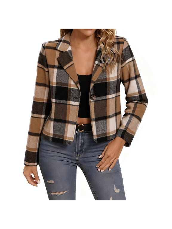Women's Plaid Cropped Jacket Notched Lapel Button Down Blazer Trendy Long Sleeve Blazer Coat Casual Versatile Top,XXXL,Khaki
