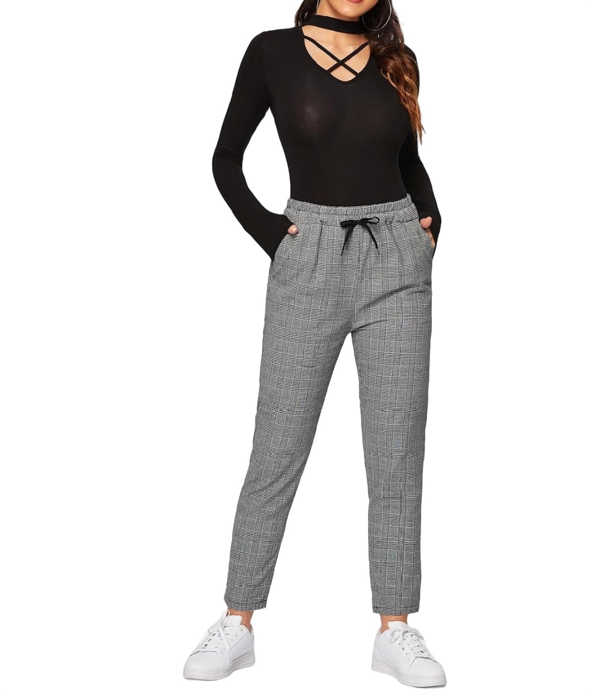 MAUVAIS Grey Check Cropped Trousers with Detachable Chain - MAUVAIS
