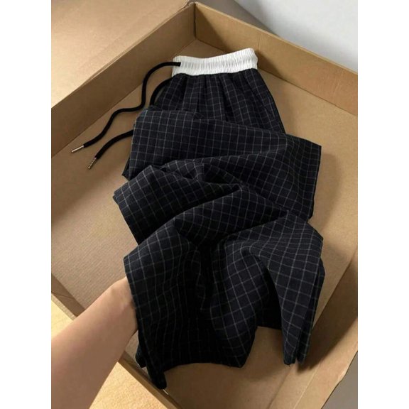 Women's Plaid Drawstring Trousers, Elastic Waist Loose Fit Wide Leg Pants for School, Everyday & Casual Wear