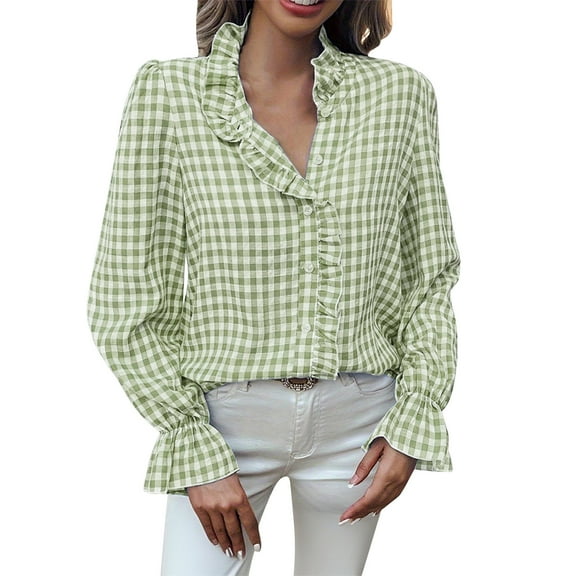 Women's Plaid Dressy Ruffle Blouse Long Sleeve Collar Button Down Shirt Tops V Neck Business Work Shirts