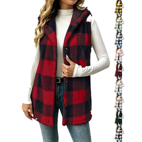 Women's Plaid Fashion Vest Jacket Oversized Button Up Double-sided Sleeveless Casual Hooded Cardigan Jacket