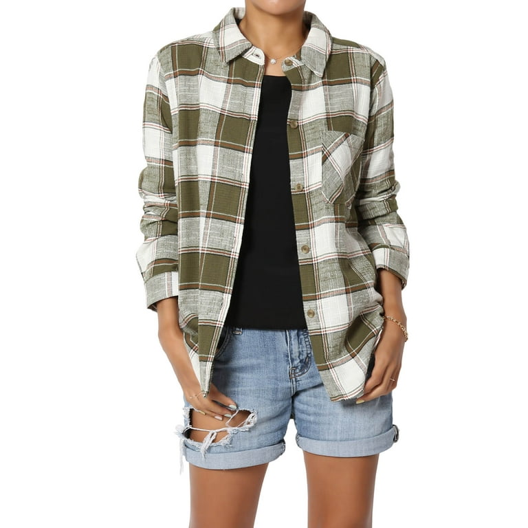 Women's Plaid Flannel Cotton Long Sleeve Chest Pocket Relaxed