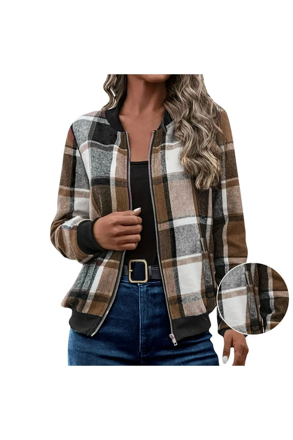 Women's Plaid Flannel Jacket Lightweight Zip Up Jacket with Pockets for Fall Brown L