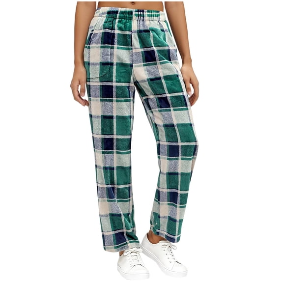 Women's Plaid Flannel Pajamas Pants Fleece Lined Print Elastic Waist Sleepwear with Pockets Olive Green M