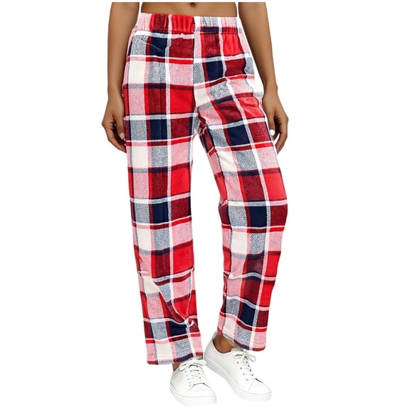 Women's Plaid Flannel Pajamas Pants Fleece Lined Print Elastic Waist Sleepwear with Pockets Red-1 S