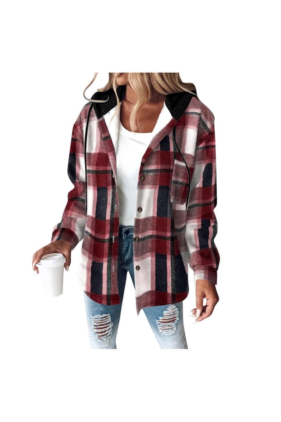 Women's Plaid Flannel Sherpa Lined Shacket Button Up Hooded Long Sleeve Fleece Jacket Winter Coat with Side Pockets