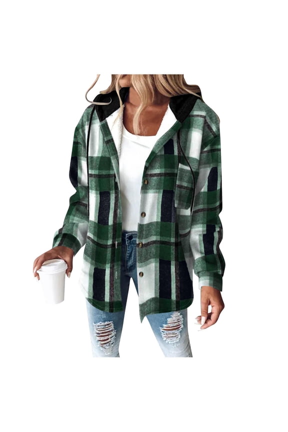 Women's Plaid Flannel Sherpa Lined Shacket Button Up Hooded Long Sleeve Fleece Jacket Winter Coat with Side Pockets