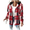 thumbnail image 1 of Women's Plaid Flannel Sherpa Lined Shacket Button Up Hooded Long Sleeve Fleece Jacket Winter Coat with Side Pockets, 1 of 6