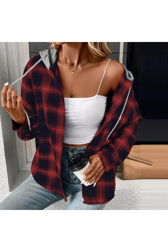 Women's Plaid Flannel Shirts Hoodie Long Sleeve Oversized Shirt Jacket Button Down Blouse Tops Casual Hooded Collar Lattice Prined Regular Long Sleeve