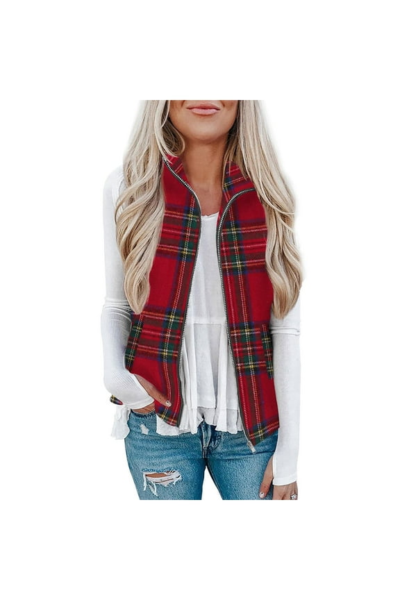 Women's Plaid Flannel Shirts - Vests for Women Fall Winter Plaid Print Sleeveless Zip-up Fleece Jackets Vests with Pockets