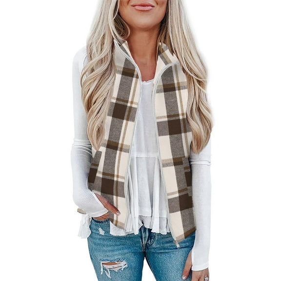 Women's Plaid Flannel Shirts - Womens Fleece Vests, Female Plaid Print Lightweight Jackets Vests, Casual Winter Warm Sleeveless Zip-up