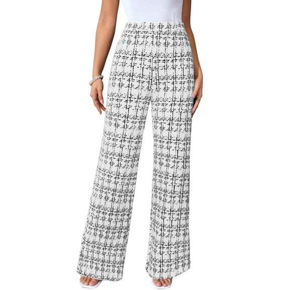 Women's Plaid Flare Pants Elastic High Waisted Bell Bottom Old Money Trousers Business Casual Pants White S