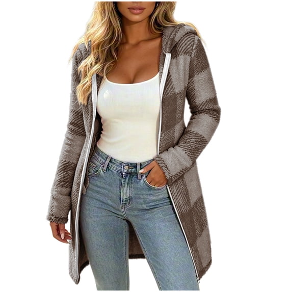 Women's Plaid Fleece Hooded Jacket, Long Sleeve Zip Up Loose Casual Plush Outerwear Coffee S(S)