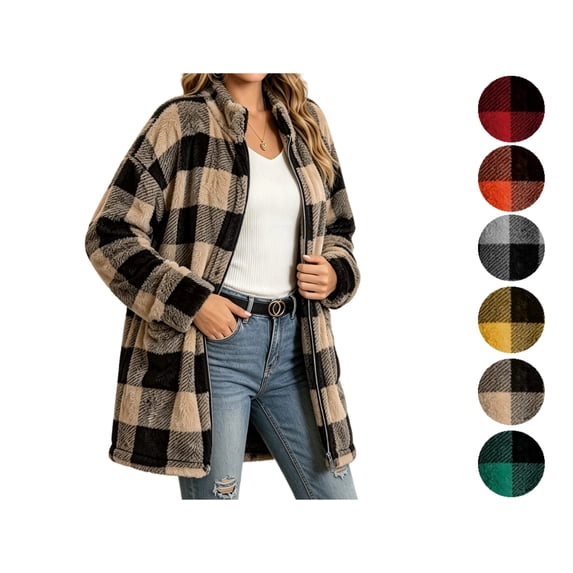 Women's Plaid Fleece Jacket Full Zip Collared Long Sleeve Warm Fluffy Coat with Pockets Fuzzy Sherpa Outerwear for Fall Winter Daily Commute Weekend Outings