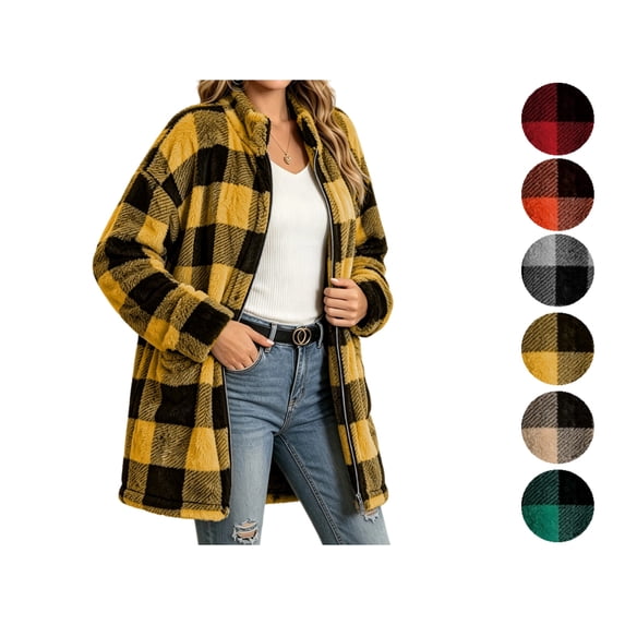 Women's Plaid Fleece Jacket Full Zip Collared Long Sleeve Warm Fluffy Coat with Pockets Fuzzy Sherpa Outerwear for Fall Winter Daily Commute Weekend Outings