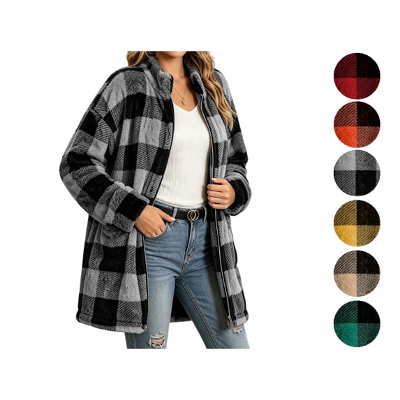 Women's Plaid Fleece Jacket Full Zip Collared Long Sleeve Warm Fluffy Coat with Pockets Fuzzy Sherpa Outerwear for Fall Winter Daily Commute Weekend Outings