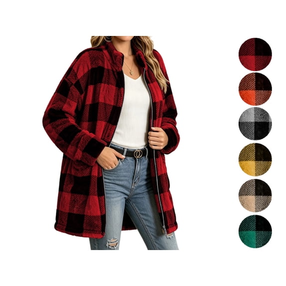 Women's Plaid Fleece Jacket Full Zip Collared Long Sleeve Warm Fluffy Coat with Pockets Fuzzy Sherpa Outerwear for Fall Winter Daily Commute Weekend Outings