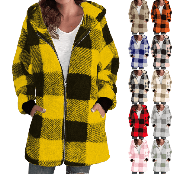Women's Plaid Fleece Jacket Full Zip Hooded Jackets Fuzzy Fleece Long Sleeve Coat Oversized Winter Warm Sherpa Outerwear with Pockets