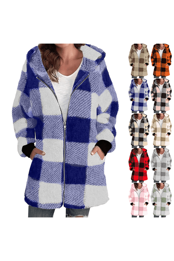 Women's Plaid Fleece Jacket Full Zip Hooded Jackets Fuzzy Fleece Long Sleeve Coat Oversized Winter Warm Sherpa Outerwear with Pockets
