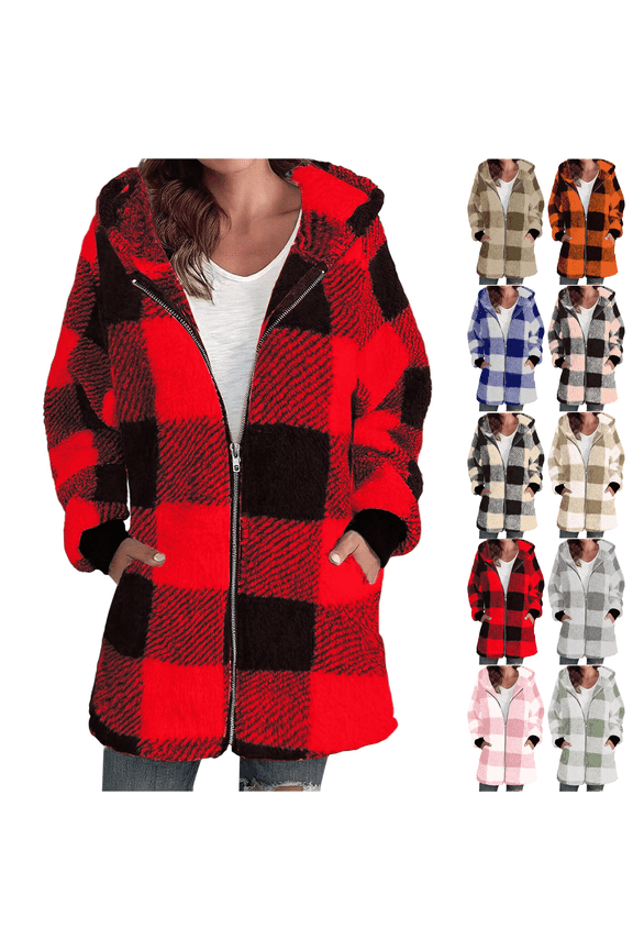 Women's Warm Faux Coat Long Sleeve Plaid Jackets Comfortable Fashion Hooded Full Zip Fleece Jacket Fall Winter Casual Outerwear Warm Blouses S-XXL
