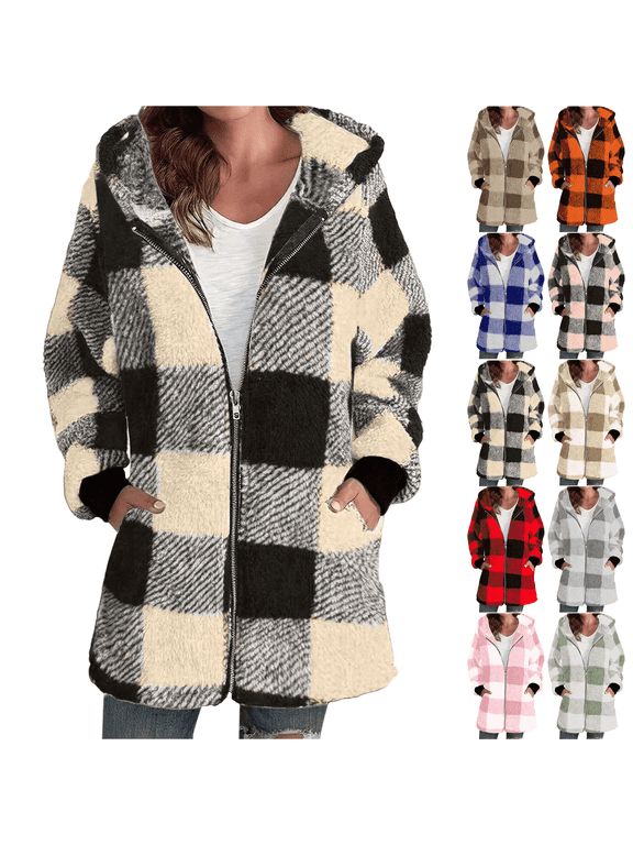 Women's Plaid Fleece Jacket Full Zip Hooded Jackets Fuzzy Fleece Long Sleeve Coat Oversized Winter Warm Sherpa Outerwear with Pockets