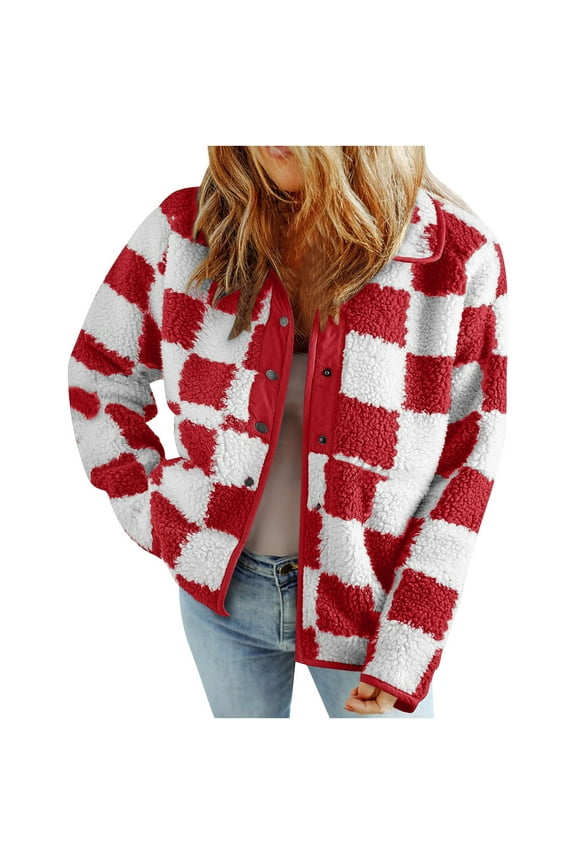 Women's Plaid Fleece Jacket Long Sleeve Furry Blazer Buckle Down Long Sleeve Cardigan Sweatshirt Lounge Warm Cardigan Wind Resistant Windbreaker Sweater Jacket