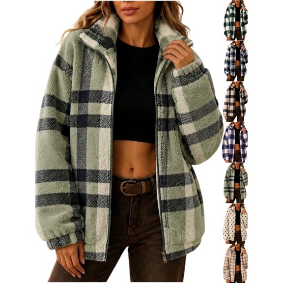Women's Plaid Fleece Jacket Zip Up Fuzzy Oversized Coat Loose Fit Long Sleeve Stand Collar Sherpa Coat With Pockets Casual Fall Winter Outerwear