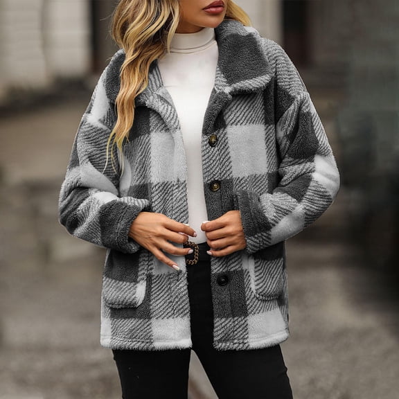Women's Plaid Fleece Jacket with Pockets and Button-down Fleece Coat Gray XXL