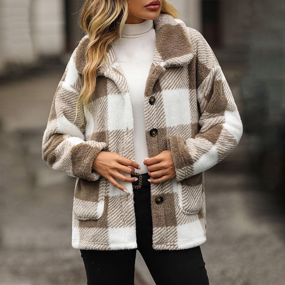Women's Plaid Fleece Jacket with Pockets and Button-down Fleece Coat Khaki M