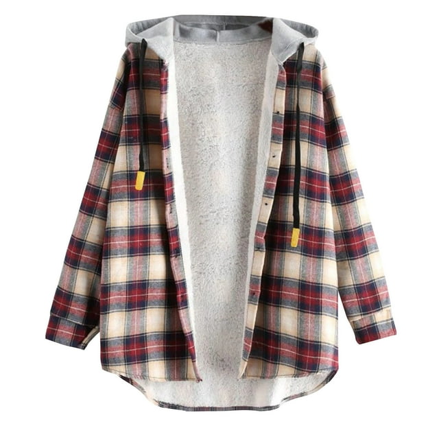 Women's Plaid Fleece Lined Hooded Jacket Button Up Oversized Fuzzy Coat