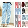 thumbnail image 1 of Women's Plaid Fleece Pajama Pants Elastic Waist Cuffed Ankle Loose Fit Joggers Soft Warm Cozy Fall Winter Lounge Sleep Trousers with Pockets Wine, 1 of 8