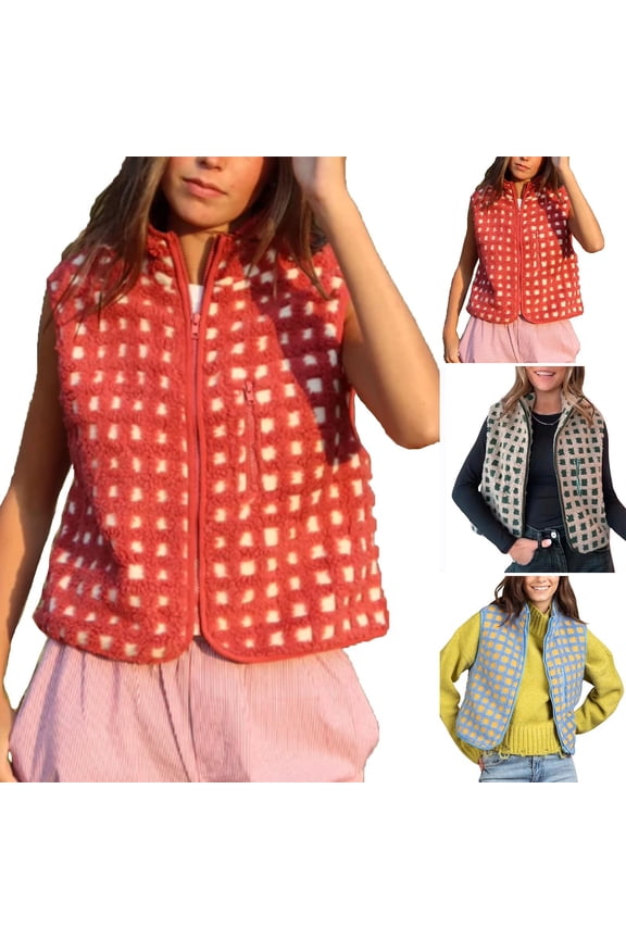 Women's Plaid Fleece Sleeveless Cardigan Vest Jacket Top Outerwear High Neck Zipper Front Hooded Casual Coat for Daily Wear Loungewear Travel Versatile Layering Piece | CSEONE,Red M