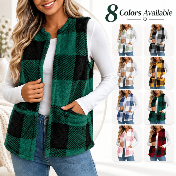 Women's Plaid Fleece Vest, Crew Neck Sleeveless Cardigan Tops, Winter Warm No Hood Outerwear Vests with Pockets