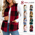 thumbnail image 1 of Women's Plaid Fleece Vest, Crew Neck Sleeveless Cardigan Tops, Winter Warm No Hood Outerwear Vests with Pockets, 1 of 9