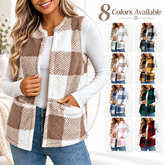 Women's Plaid Fleece Vest, Crew Neck Sleeveless Cardigan Tops, Winter Warm No Hood Outerwear Vests with Pockets