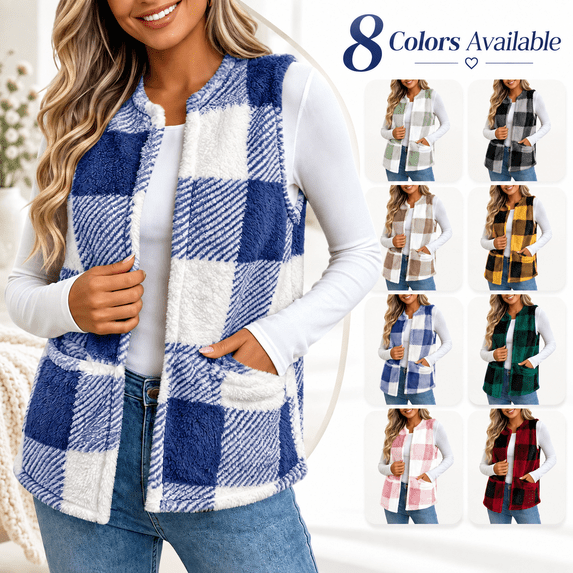 Women's Plaid Fleece Vest, Crew Neck Sleeveless Cardigan Tops, Winter Warm No Hood Outerwear Vests with Pockets