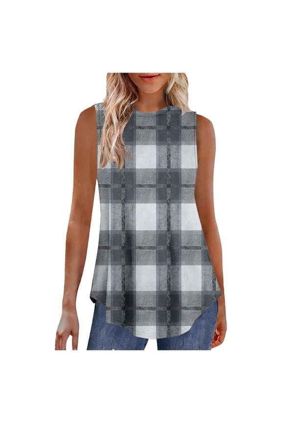 Women's Plaid Flowy Tank Tops Sleeveless Loose Crewneck Summer Tunic Blouse Dressy Business Casual Shirts