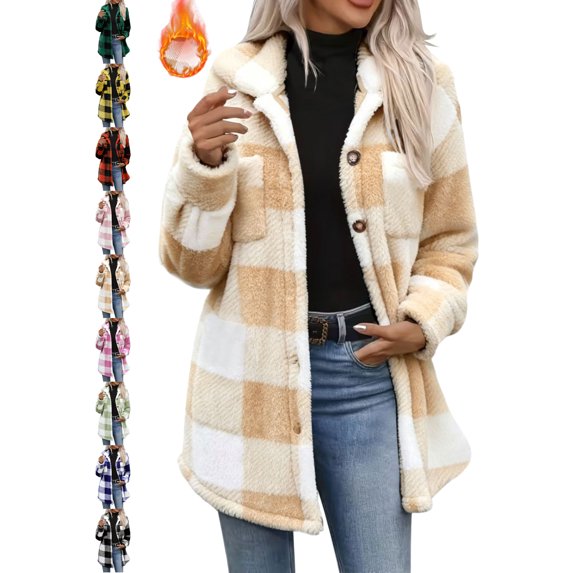 Women's Plaid Fuzzy Jacket Casual Collared Button Front Long Sleeve Oversized Loose Fit Coat