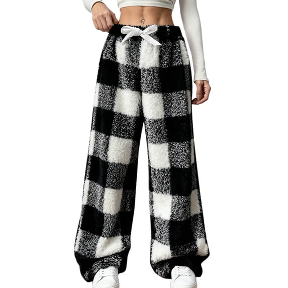 Women’s Plaid Fuzzy Pants, Winter Warm Drawstring Elastic Waist Trousers, Wide Leg Casual Home Pants