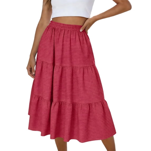 Women's Plaid Gingham Midi Skirts A-Line Elastic High Waisted Tiered Flowy Skirts Soft Ruffled Vacation Skirt
