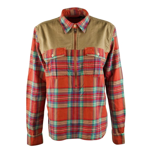 Women's Plaid Half-Zip Long Sleeve Shirt-RM-XS