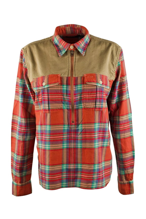 Women's Plaid Half-Zip Long Sleeve Shirt-RM-XS
