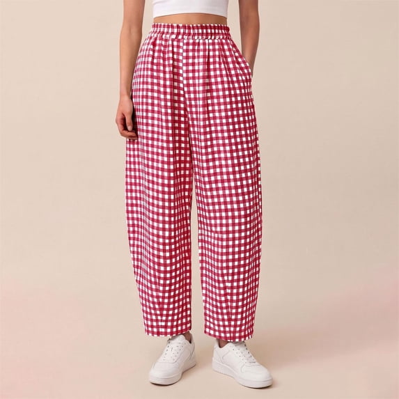 Women's Plaid High Waist Wide Leg Cropped Pants, Loose Relaxed Fit Barrel Trousers with Side Pockets, for Spring Summer Daily Wear, Travel or Casual Outfits Red M