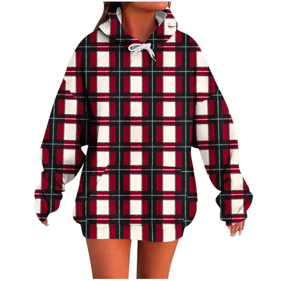 Women's Plaid Hooded Fashion Printed Sweatshirt Oversized Sleeve Pullover with Drawstring and Pockets 2025 Autumn and Winter Trendy Clothing