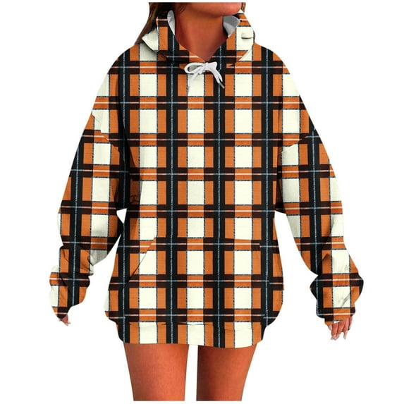 Women's Plaid Hooded Fashion Printed Sweatshirt Oversized Sleeve Pullover with Drawstring and Pockets 2025 Autumn and Winter Trendy Clothing
