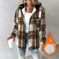 thumbnail image 1 of Women's Plaid Hooded Fleece Shacket Long Sleeve Button Front Coat with Pockets, 1 of 6