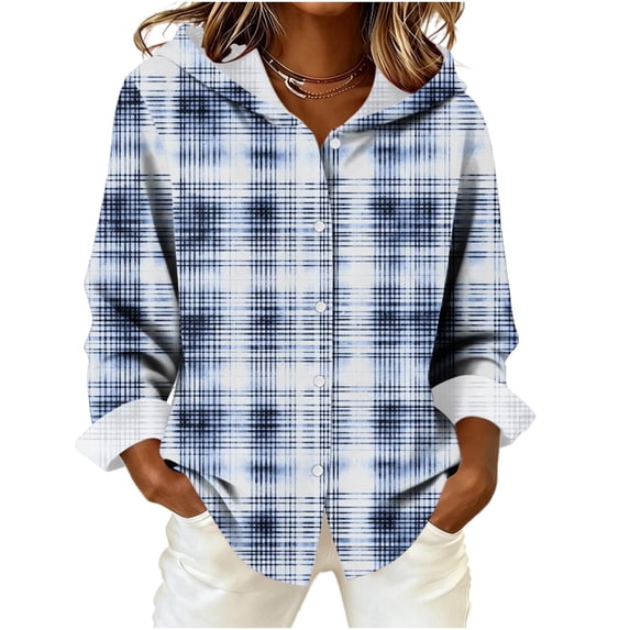 Women's Plaid Hooded Jacket Button Down Long Sleeve Casual Jacket with Pockets Loose Fit Fall Outerwear for Daily Weekend and Travel