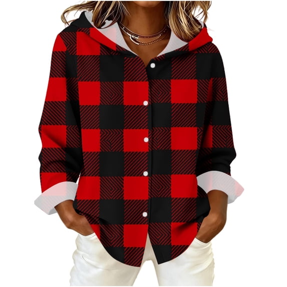 Women's Plaid Hooded Jacket Button Down Long Sleeve Casual Jacket with Pockets Loose Fit Fall Outerwear for Daily Weekend and Travel